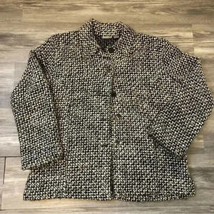 Chico’s Knit Jacket Womens Size 2 Tweed Black‎ White Front Buttons Pockets